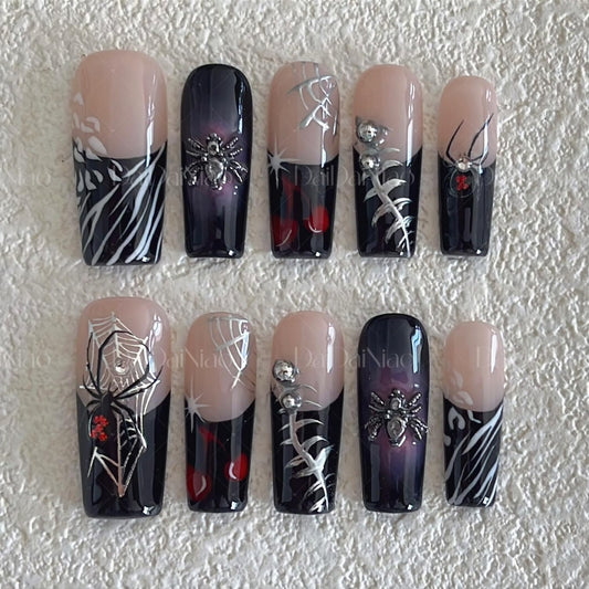 Halloween Handmade Press on Nails Long Square False Nails 3D Spider Designs Full Cover Thick Black French Tip Acrylic Fake Nail Halloween Silver Spider Web Stick on Nail for Women（Size M)