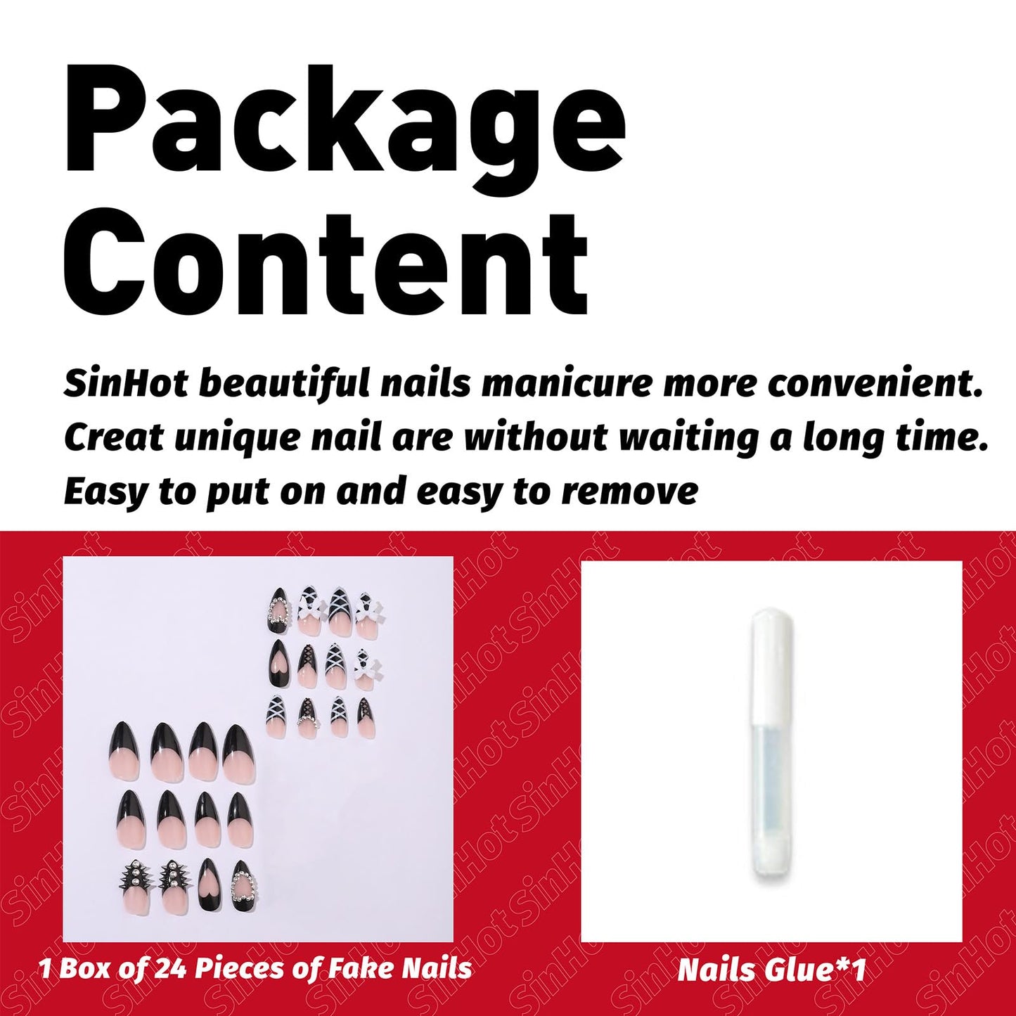 SINHOT Stiletto Press on Nails - Long Fake Nails, Glossy Finish, 3D White Bow & Pearl Hearts, DIY Artificial False Nail Art - 24 Pcs Nail Kit with Glue