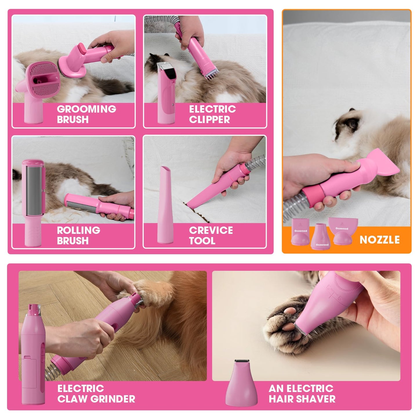 geoorood Dog Grooming Vacuum and Dryer Kit, Blower for Pet Vacuum Grooming 7 in 1 with Clippers for Dogs Hair Shedding Brush Remover Tools at Home Pink