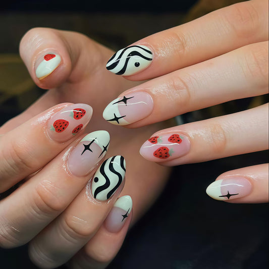 White French Tip Press on Nails Medium Oval Fake Nails Press ons with Strawberry, Striped, Star Design,Cute Reusable Artificial Nail Full Cover Stick on Nails for Women Manicure 24Pcs