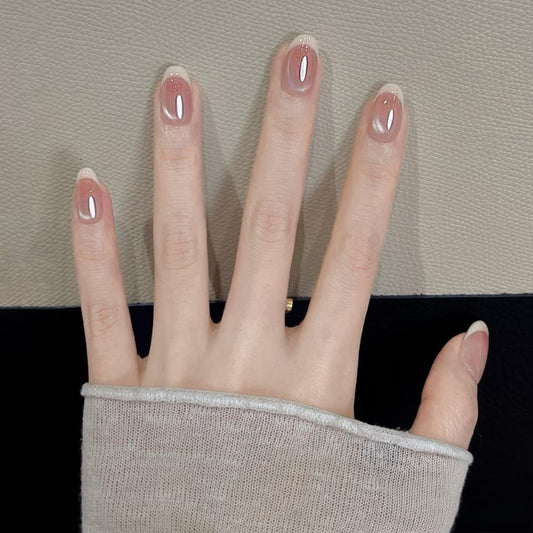 Medium Almond Press On Nails French Nude Pink Cat Eye Fake Nails Finger Tip with White Designs Glossy Full Cover Glue on Nails Reusable Artificial Stick on Nails for Women 30 Pcs
