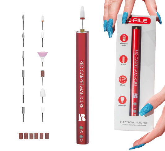 RC Red Carpet Manicure E-File Electric Nail File - Lightweight, Portable Nail Drill, Shaping, Filing, Gel Removal - 12 Interchangeable Bits & 6 Sanding Bands.