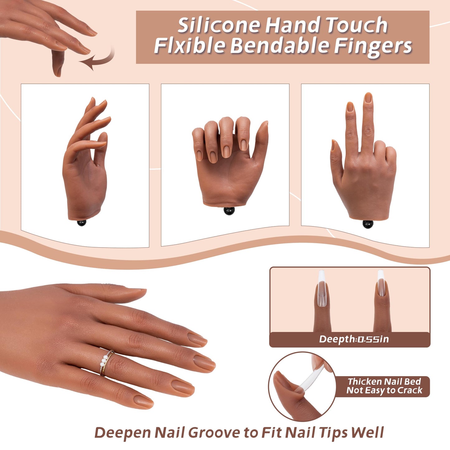 Veikmv Practice Hand for Acrylic Nails,with Flexible Fingers, Realistic Silicone Mannequin Hand Model for Nail Art Training, Gel Polish and Manicure Beginner Kit