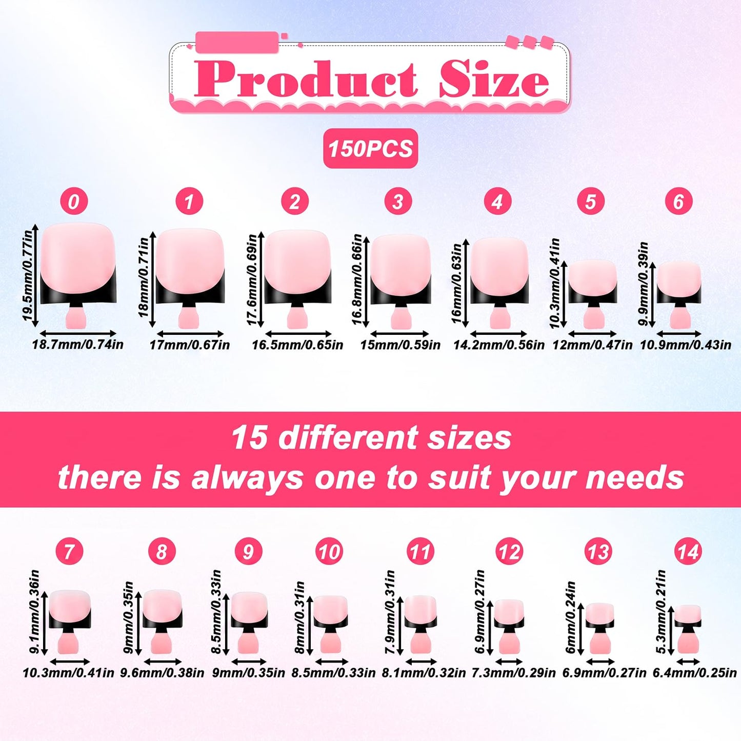 150 Pcs French Tip Toes,French Tip Toe Nails Square Fake Toenails Full Cover Toe Nail Press Ons Kit For Women Pedicure Decor,15 Sizes(Black Edges)