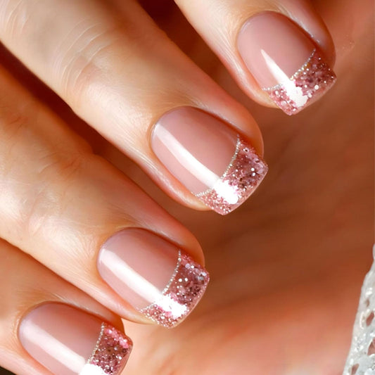 French Tip Press on Nails Short Square Fake Nails with Glitter Designs Nails Press ons Nude Glue on Nails Glossy Acrylic Nails Simple False Nails Cute Stick on Nails for Women 24Pcs
