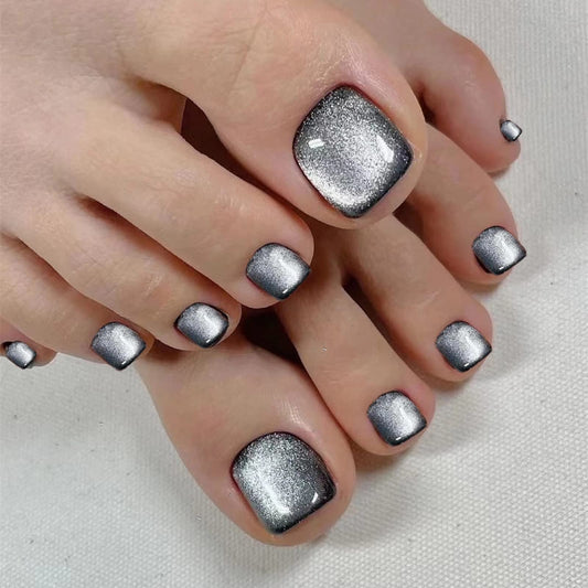 MISUD Press on Nails - Toe Glue on Nails with Black Cat Eye, Acrylic Toenails Bling Design 24 pcs