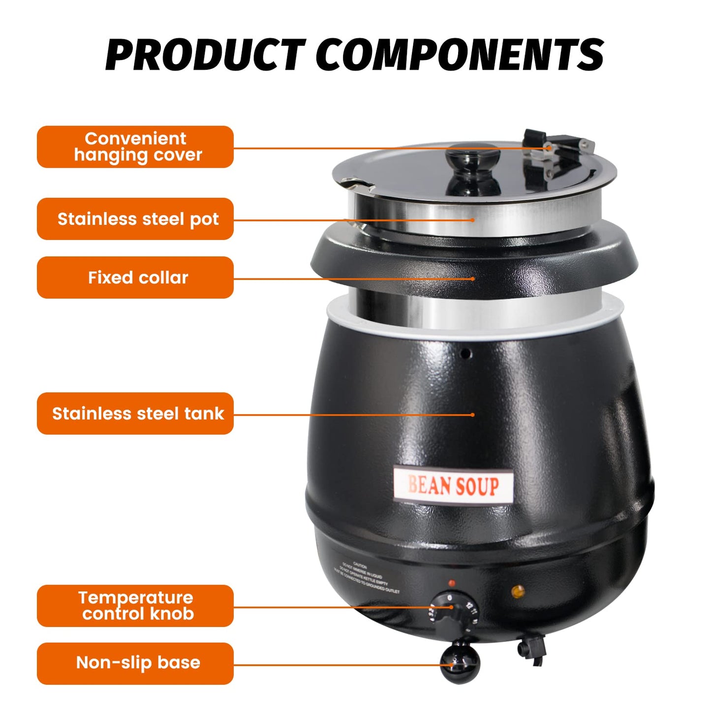 11Qt Commercial Soup Warmer, 400W Buffet Food Warmer Soup Kettle with Hinged Lid & Detachable Pot, Temperature Control (105-195°F) for Soups, Chili, Stew, Nacho Cheese - Black