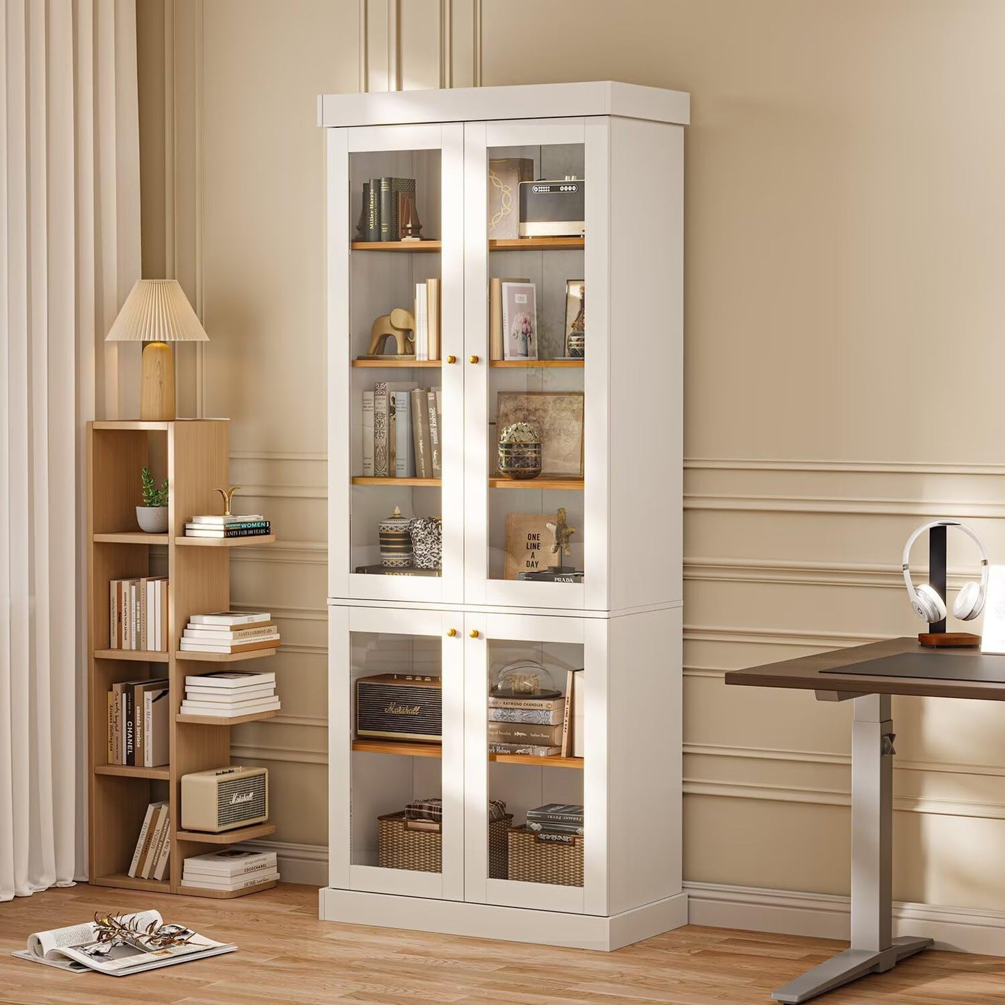 Myricore 70.8" Bookshelf with Glass Doors, Farmhouse Modular Bookcase with 6-Tier Adjustable Shelves, Large Storage Cabinet for Living Room & Home Office, Set of 2, White