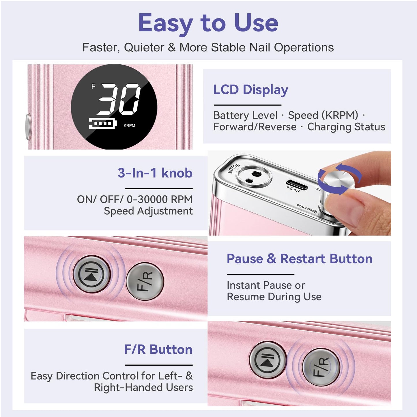 Makartt Cordless Nail Drill 30000RPM - Rechargeable Electric Nail File for Beginners & Pros Ready, Quiet 8H Efile Kit for Acrylic & Gel Removal, 48W Carbon Motor with LCD, Home & Beauty School, Pink