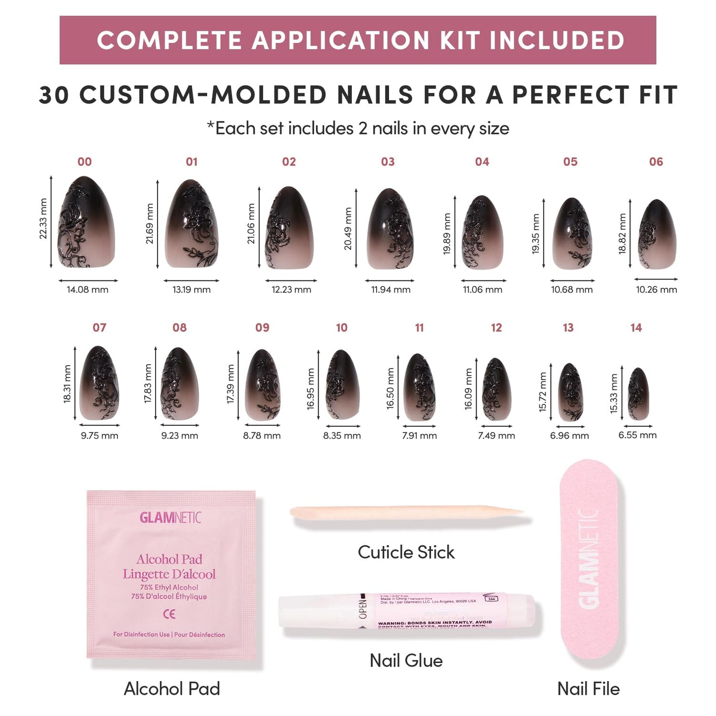 Glamnetic Press On Nails - 'Til Death | Ombre 3D Lace Medium Almond Fake Nails with Glossy Finish, Salon Quality Halloween Nails | 15 Sizes - 30 Nail Kit with Glue