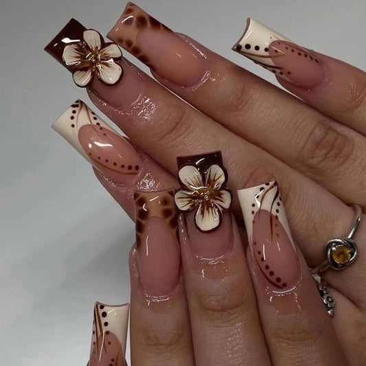 MISUD Press on Nails - Long Square Fake Nails with Fall Brown, Acrylic Autumn Flower Design 24 pcs