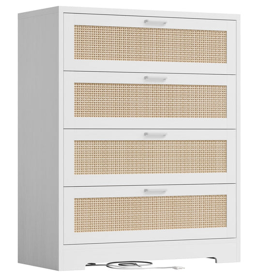 GarveeHome Rattan Dresser, Tall Chest of Drawers, Wood Dresser for Bedroom, Closet, Living Room, Hallway (White, 15.8" D x 31.5" W x 38.6" H (4 Rattan Drawers))