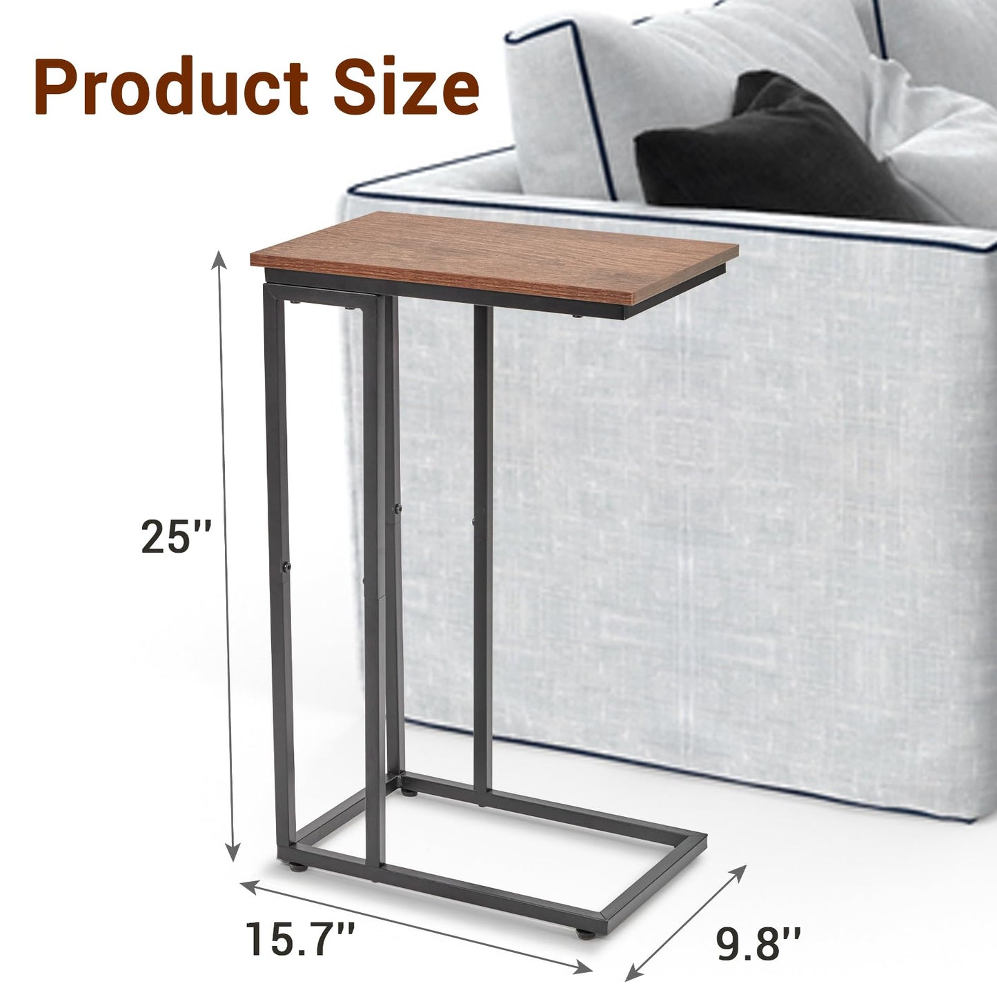 fusehome C-Shaped End Table, for Living Room, Bedroom, Small Spaces, TV Tray Couch Side Tables Laptop Table, Rustic Brown and Black
