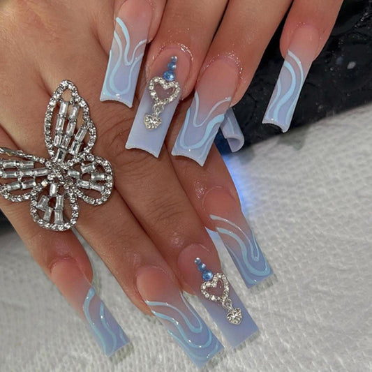 YoYoee Diamond Inlaid Manicure French Press on Nails Gradient Fake Nails Long Coffin False Nails Acrylics Full Cover Tips for Women and Girls 24PCS