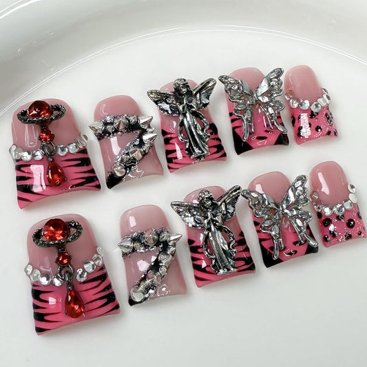 Luxury Press on Nails Short Duck Handmade 3D Unique Reusable ABS Material Fake Nails Pink French Tip False Nails with Designs Butterfly Rhinestones Rivet Glossy Glue on Nail Thick Acrylic Nail(S)