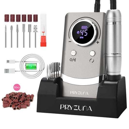 Portable Nail Drill Electric File: 45000RPM Professional Rechargeable Nail E File Machine for Acrylic & Gel Nails, Cordless Efile with 7 Drill Bits, 56 Sanding Bands & Base for Salon Home (Gray)