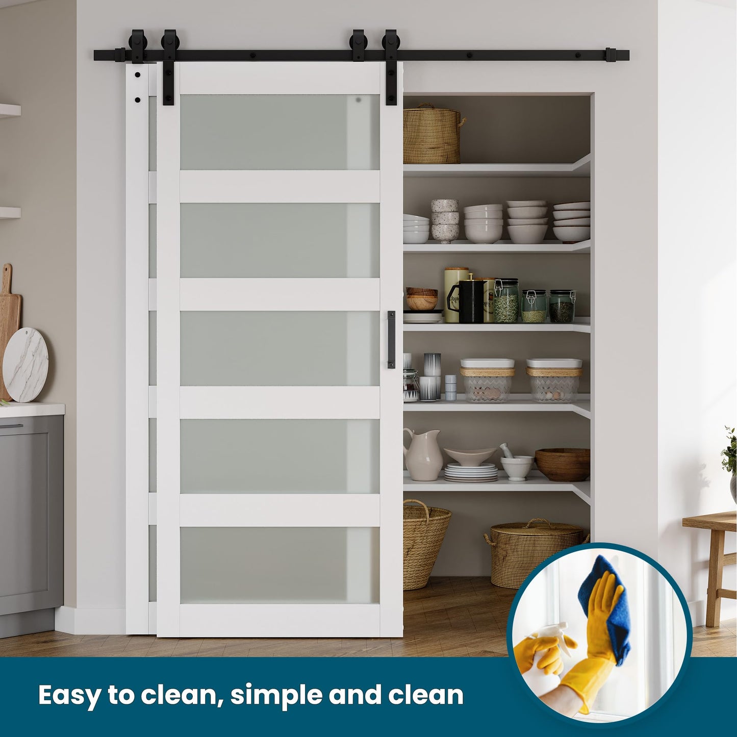 SmartStandard 36in x 84in Double Glass Sliding Barn Door with 6.6FT Bypass Sliding Barn Door Hardware Kit, 5-Panel Frosted Glass,Waterproof, Save Space, Easy Install, Fit 60"-64" Openning, White