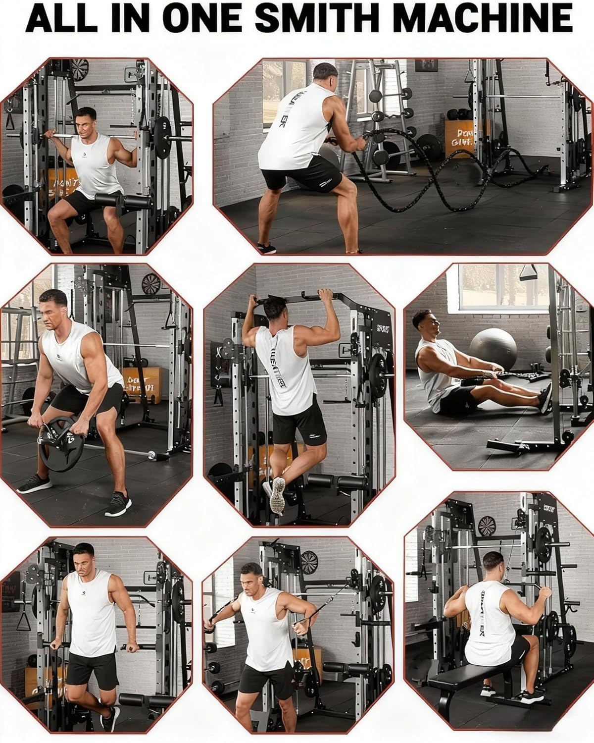 Smith Machine Power Rack, 2200 LB Capacity, Multi-Functional Home Gym LAT Pulldown & Cable Crossover, t-Bar Row, Leg Anchor, Full Body Strength Trainer, Red& Black
