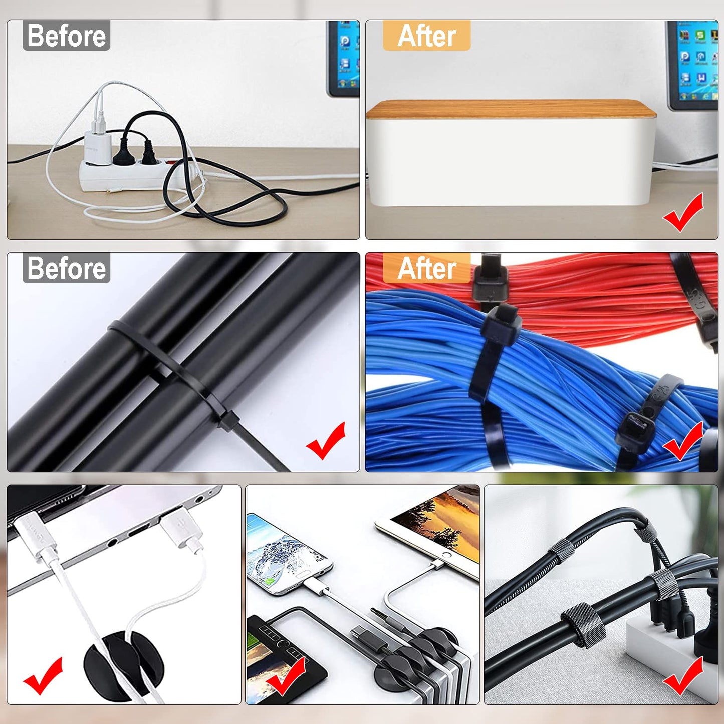 YUANYE Cable Management Box Cable Management Kit for Power Strip to Hide Wires,Cord Organizer Boxes,Safe ABS Material Wire Organizer of Cable Clips Sleeve for Home & Office,3Pack-128PCS/White