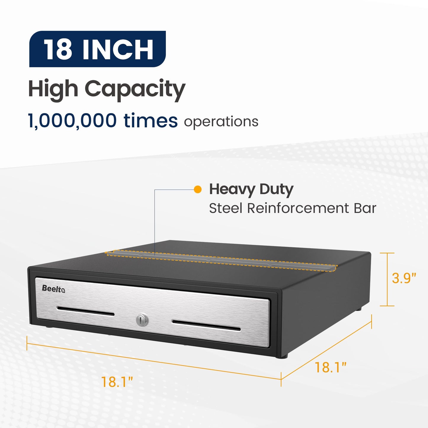 Beelta 18" Cash Drawer – Heavy-Duty with Micro Switch & Emergency Release, 5B5C Media Slots, Silent Smooth Ball Bearing Slides, Stainless Steel Front Panel & Removable Tray BK1818S