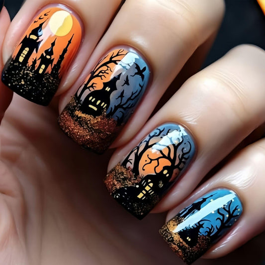Square Hallowen Fake Nail Castle Forest Nails Press ons Terror Medium Length False Nail with Design Gradient Artificial Acrylic Nails Halloween Glue on Nail for Women 24Pcs