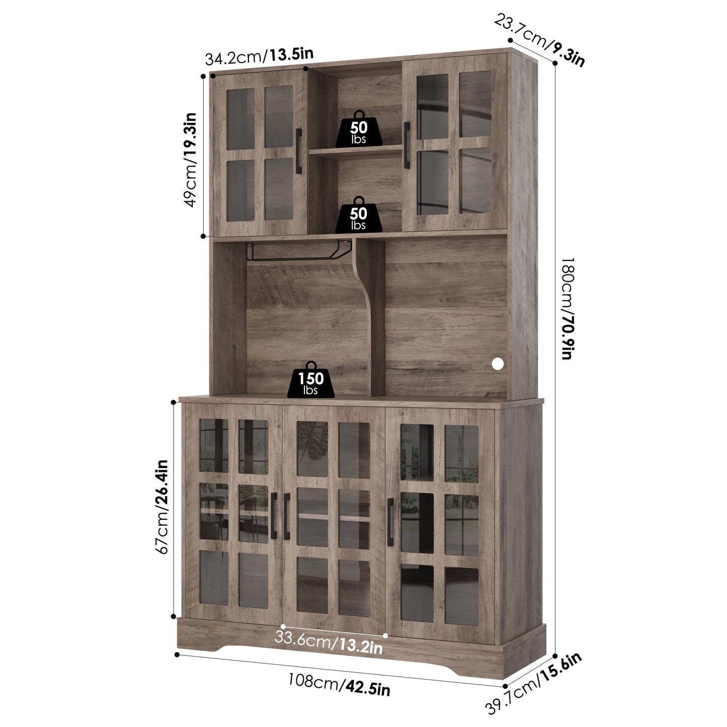 Keyluv Kitchen Pantry Storage Cabinet 71" Tall Freestanding Pantry Cabinet, Farmhouse Glass Door Buffet with Oven Countertop, Large Wood Hutch for Kitchen, Living Room and Dining Room, Rustic