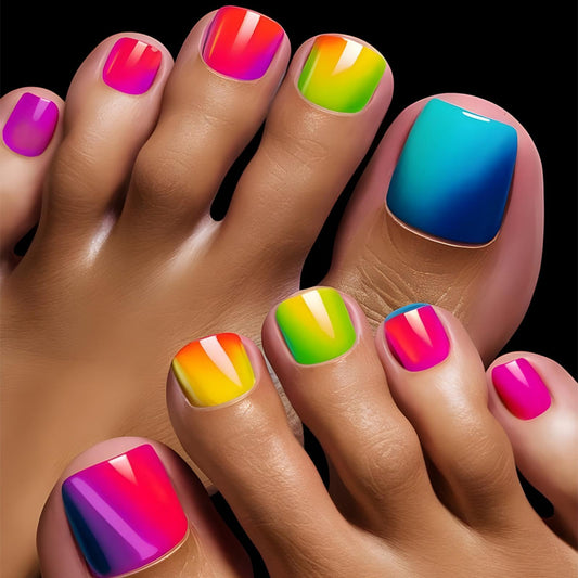 Colorful Press on Toenails Short Square Fake Toe Nails with Ombre Design Glossy Summer False Toenails Cute Spring Stick on Toenail Reusable Full Cover Glue on Toenail for Women Girls Manicure 24Pcs