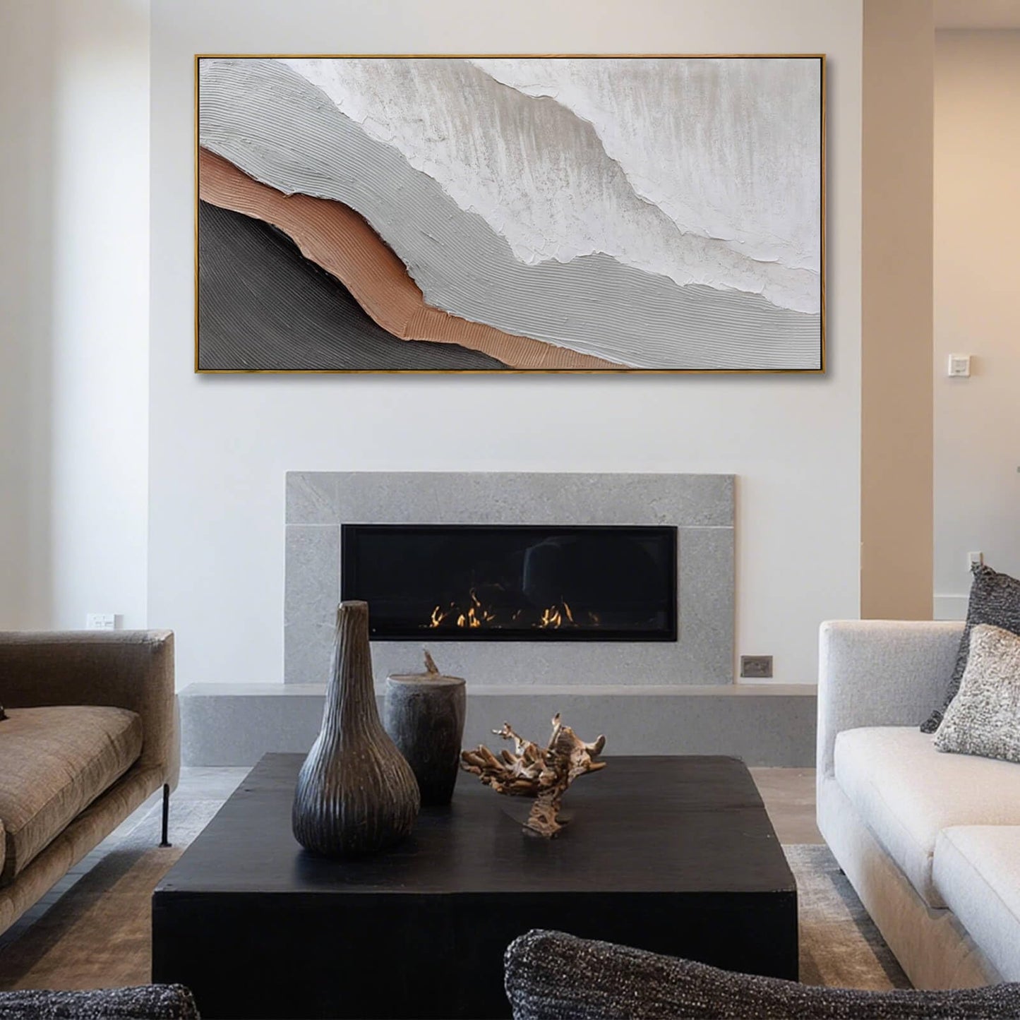 Textured White Wall Art,Grey Abstract Artwork,Large Framed Modern Pictures,Wave Landscape Oil Painting 24"x48"for Home Office Gallery
