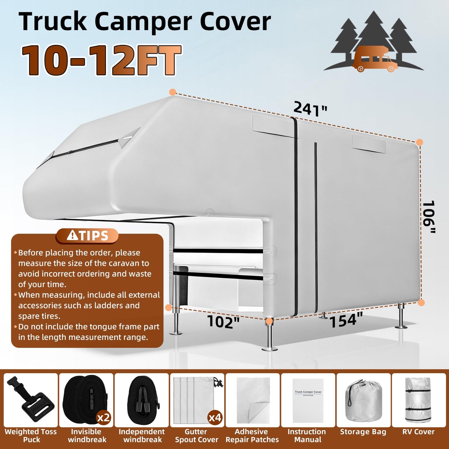 Truck Camper Cover for 10-12FT, Silver - Coated 300D Waterproof Oxford for Slide-in Campers, with Side Zippers and Vents for All-Season Protection