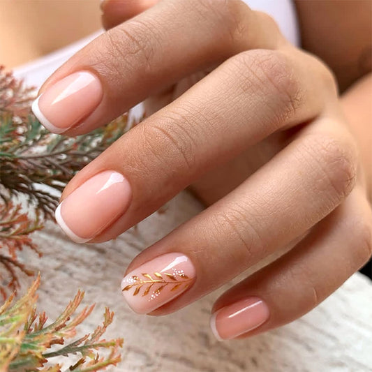 Stbisen French Press On Nails Short Square, Soft Pink Base Fake nials with White French Tip and Gold Leaf Accent Design, Glossy Reusable Elegant Glue On Nails for Women, Perfect for Daily Wear, 30Pcs