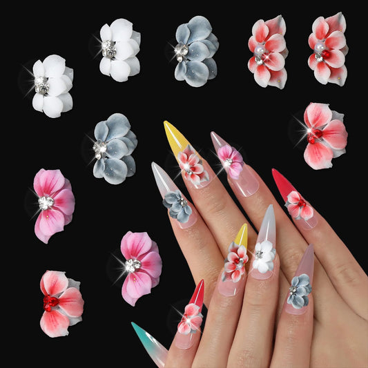 SILPECWEE Nail Charms, 10pcs Flower Nail Charms for Acrylic Nails, 3D Nail Charms with Pearls Rhinestones Gems, 3D Petal Shape Nail Art Decorations (5 Colors)