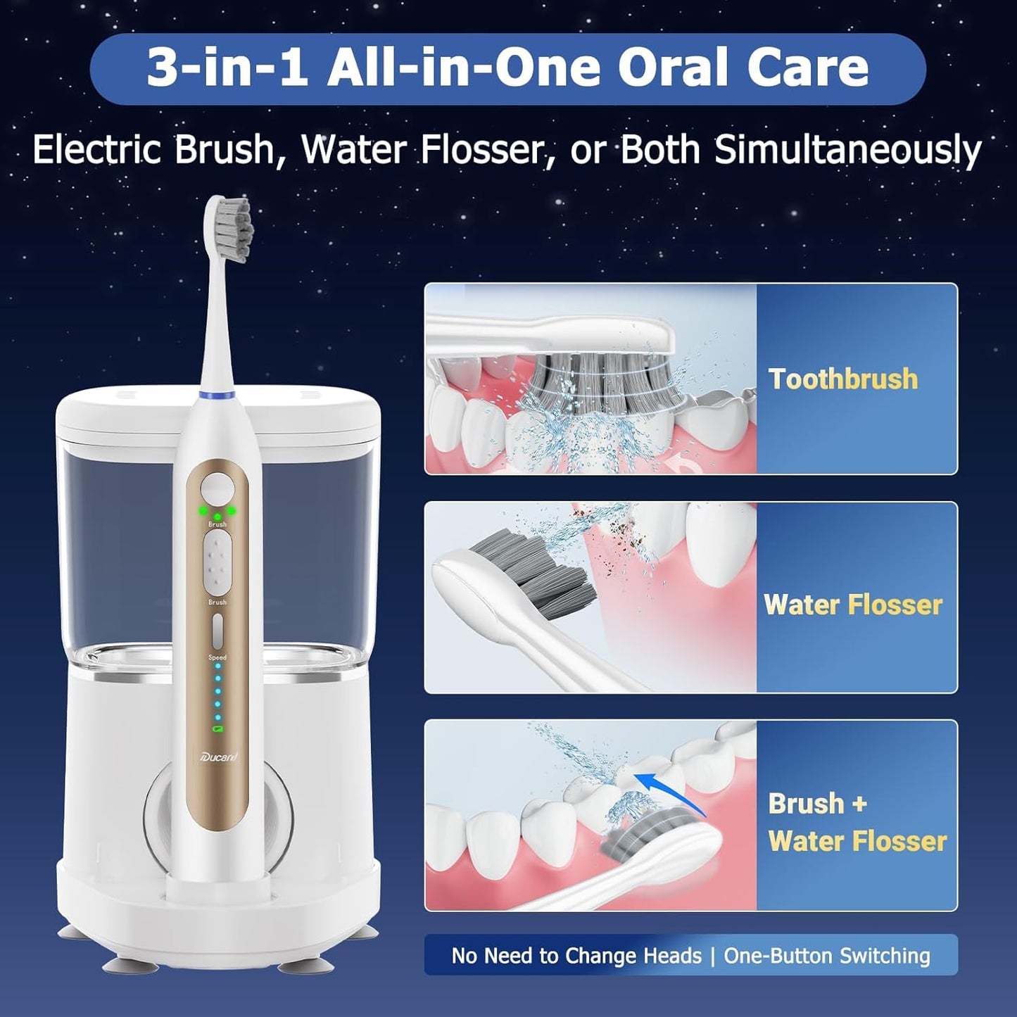 Electric Toothbrush with Water Flosser, Upgrade Flossing Toothbrush Combo with 3 Brush + 1 Nozzle, 5 Floss Speeds&3 Brush Modes, 500mL Tank, 30-Day Battery, for Adults & Teens, Gums, Braces-White