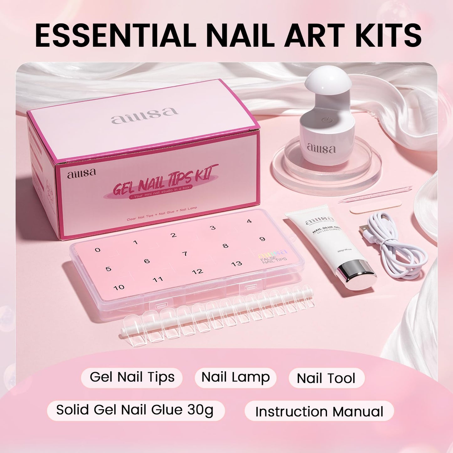 AILLSA Nail Extension Kit Medium Square Nail Tips 224pcs, Upgrade Glue Gel 30g for False Nail Tips, Gel Nail Tips Kit with Portable Mini U V Nail Lamp for DIY Home Salon