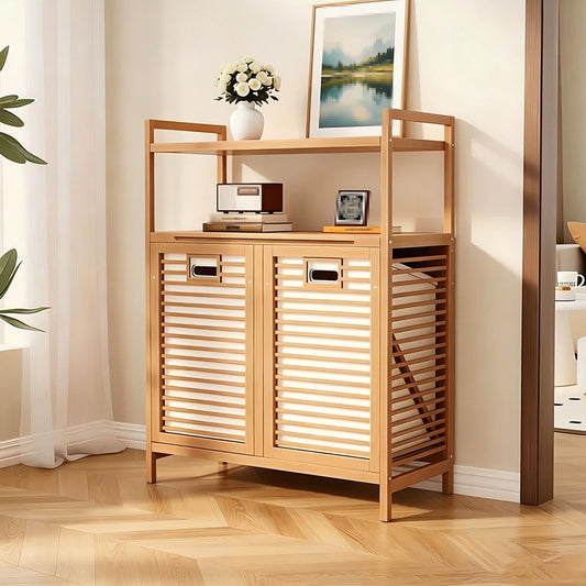 Tilt Out Bamboo Laundry Hamper Cabinet, 2 Removable 70L Bags, 2-Tier Shelves, 31.5"x11.8"x36.8" Freestanding Organizer for Bathroom Laundry Room & Bedroom
