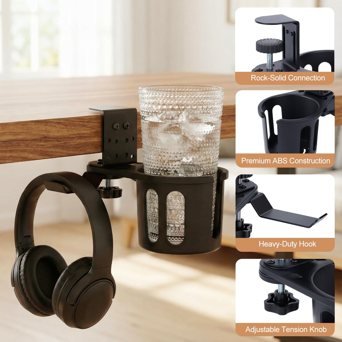 DecBeLiv 360° Rotating Cup Holder wiht Hook Under Desk Anti Spill Space Saving for Home Office Camping