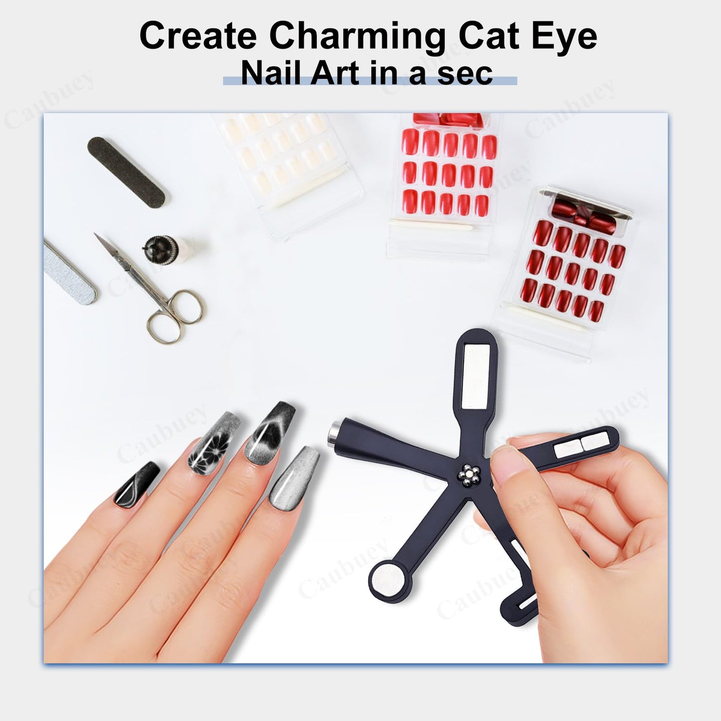 Caubuey 6 in 1 Nail Magnet, Multifunctional Cat Eye Gel Nail Polish Magnet with Silicone Protective Case, Magnetic Nail Polish Magnets, Nail Art Design Tools Home Salon DIY, Black