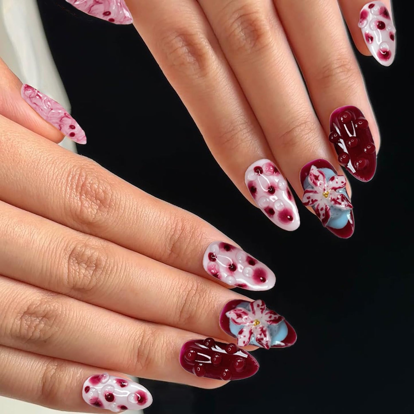 Handmade Press on Nails Medium Almond Fake Nails Press Ons Red 3D Luxury Charm Flower Full Cover Stick on Nails Rhinestone Glue on Nails Floral for Women Girls (Painting Water S)