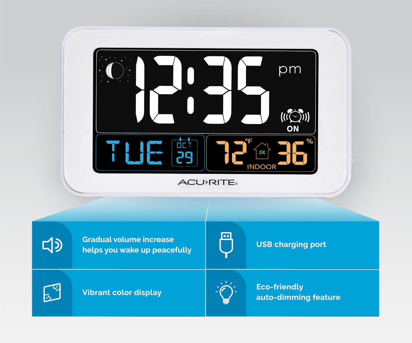AcuRite Intelli-Time Digital Alarm Clock for Bedroom with USB Charger, Indoor Temperature and Humidity for Heavy Sleepers (13040CA)