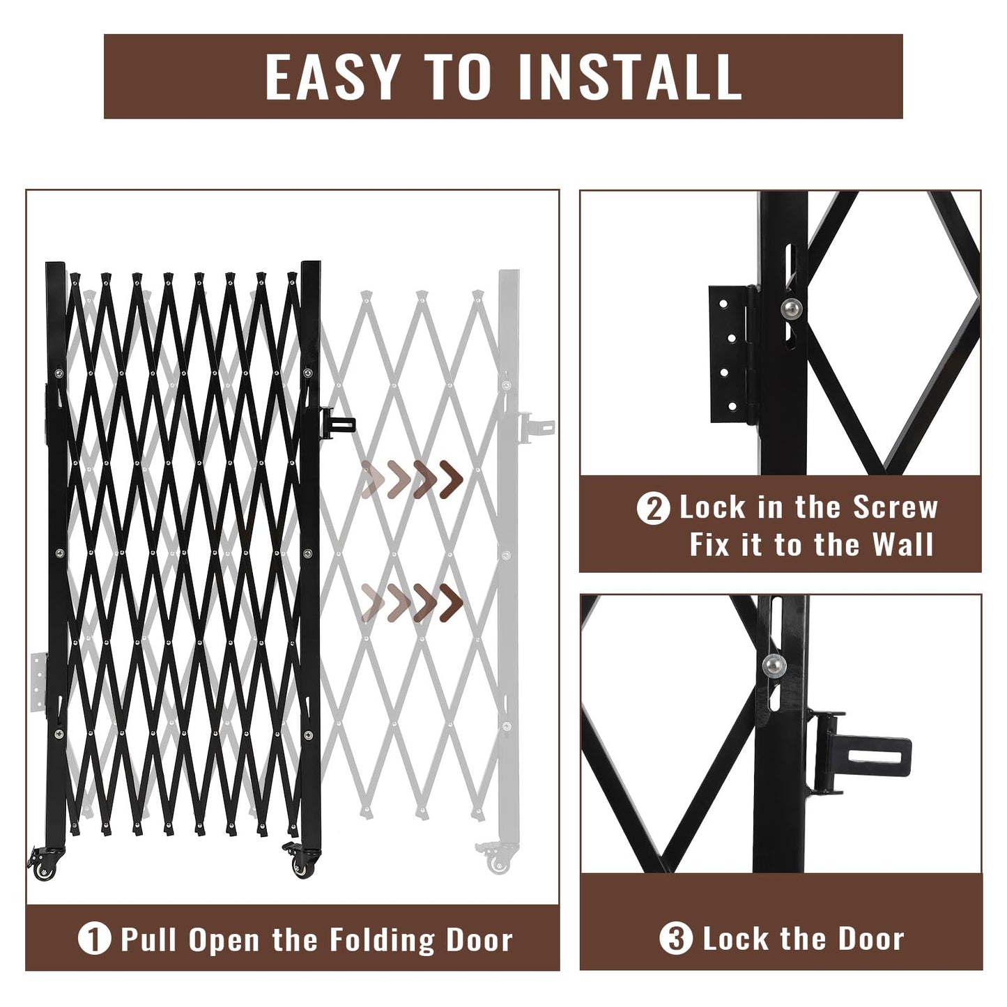 MERXENG Single Folding Security Gate 67" h x 71" w, Steel Expandable Fence with 360° Rolling Wheels for Courtyard, Garage, and Garden Access Control