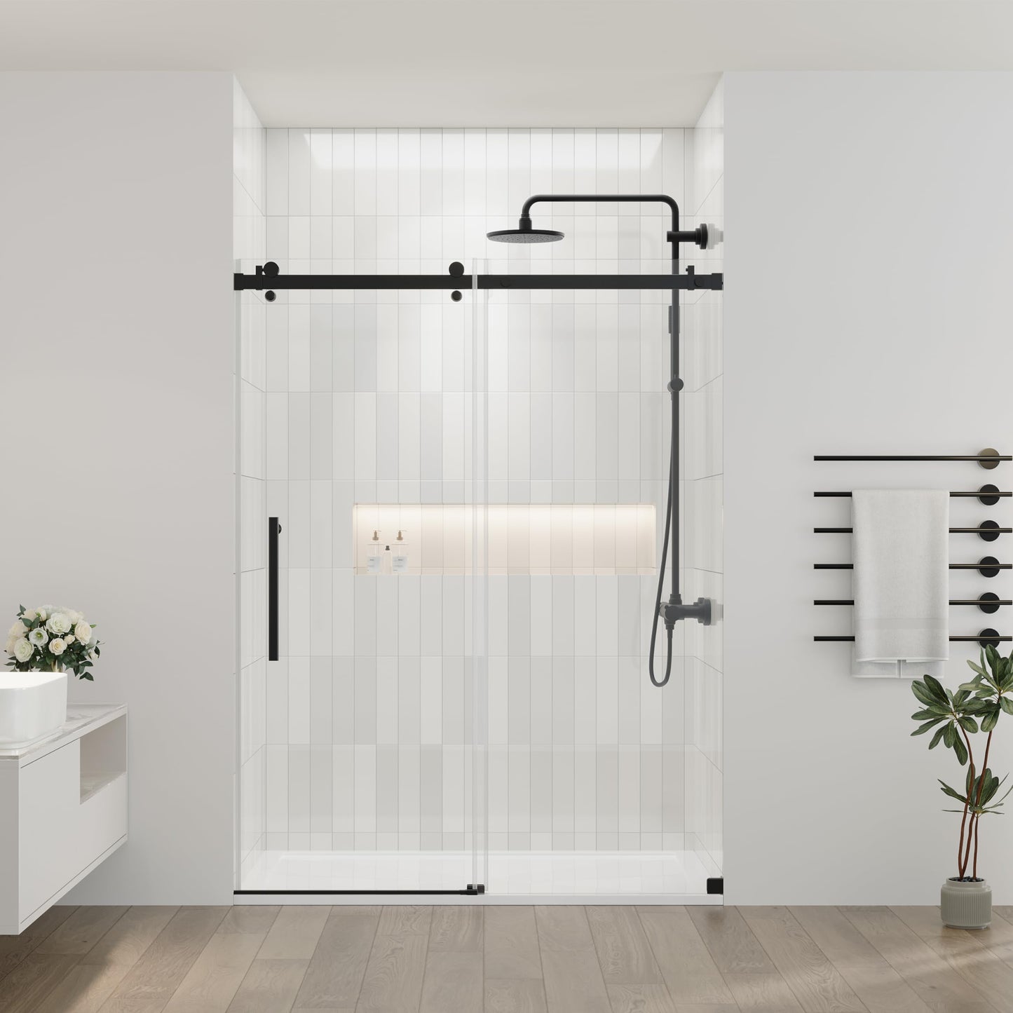 DELAVIN 56-60.in W x 72.in H Frameless Shower Door, Water Repellent Black Shower Door Clear Tempered Glass, Easy Sliding Showe Door with Explosion-Proof Film, Stainless Steel, Metal