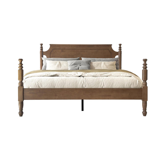 Solid Wood Queen Size Bed Frame with Headboard & Footboard, 12 Strong Slats, Center Metal Legs, Anti-Slip & Noise-Free Design, No Box Spring Needed, Quick Assemble, Barnwood Finish, ROQ-30