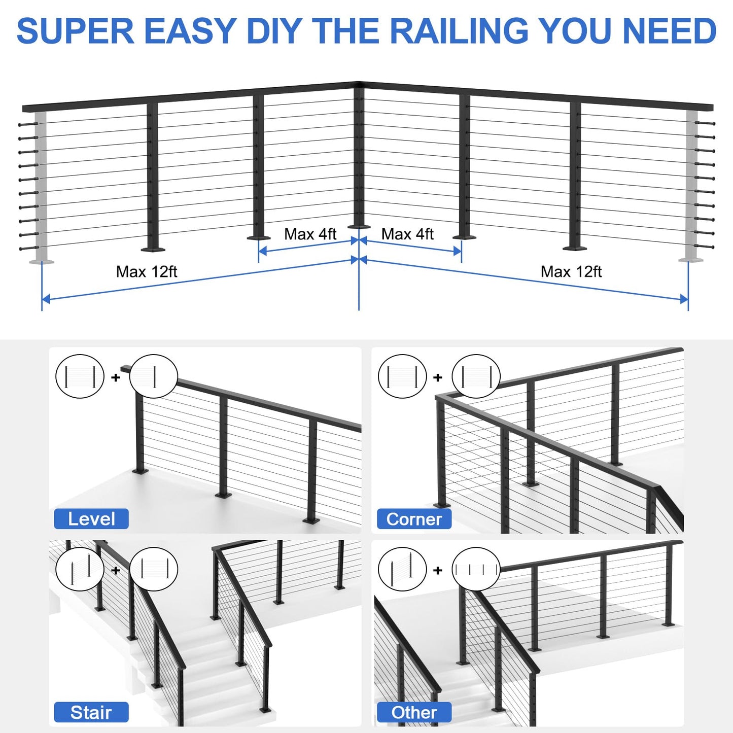 PLANTOP 36" Cable Railing Corner Post(Post 35"x2"x2"), 2 Pack 90° L-Drilled Flat Top Corner Post, Stainless Steel Black Surface Mount Deck Cable Railing Post for Indoor Outdoor, MY08-C