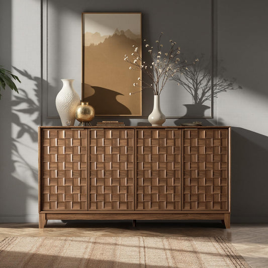 COLAMY Fluted Sideboard Cabinet with Storage, Solid Wood Buffet for Dining Room, Credenza Console with Adjustable Shelves, Walnut Finish, Mid Century Modern Style, Walnut