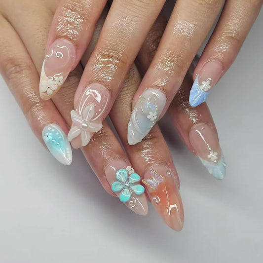 24Pcs Summer Press on Nails Medium Almond Fake Nails French Tip False Nails with Flower Butterfly Design Glossy Blue Gradient Acrylic Nails Beach Stick on Nails 3D Water Ripple Glue on Nails for Women