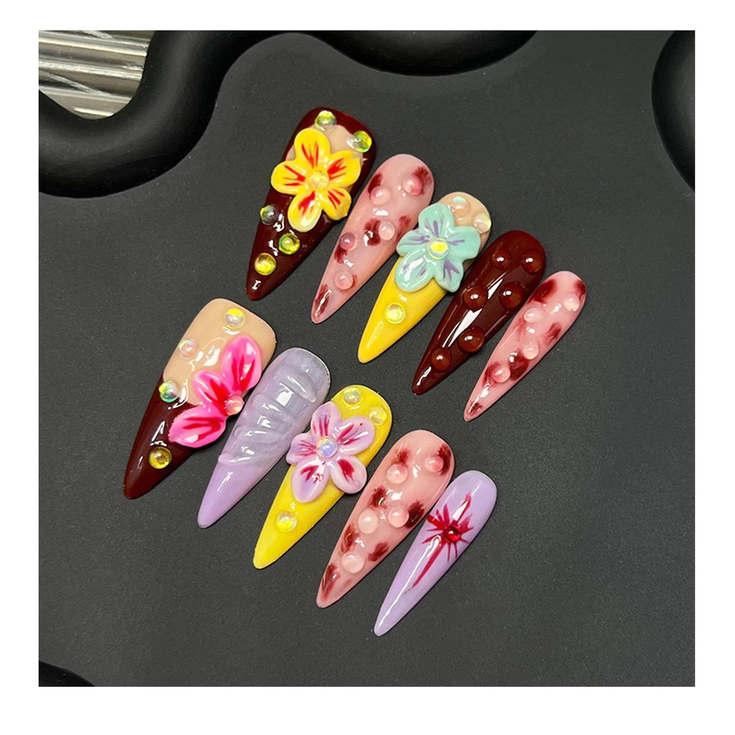 Handmade 3D Sweet Retro Floral Stiletto Press On Nails, Colorful Rhinestone Artisan Nails Set, Reusable Glossy Press-ons with Tool Kit (XS)