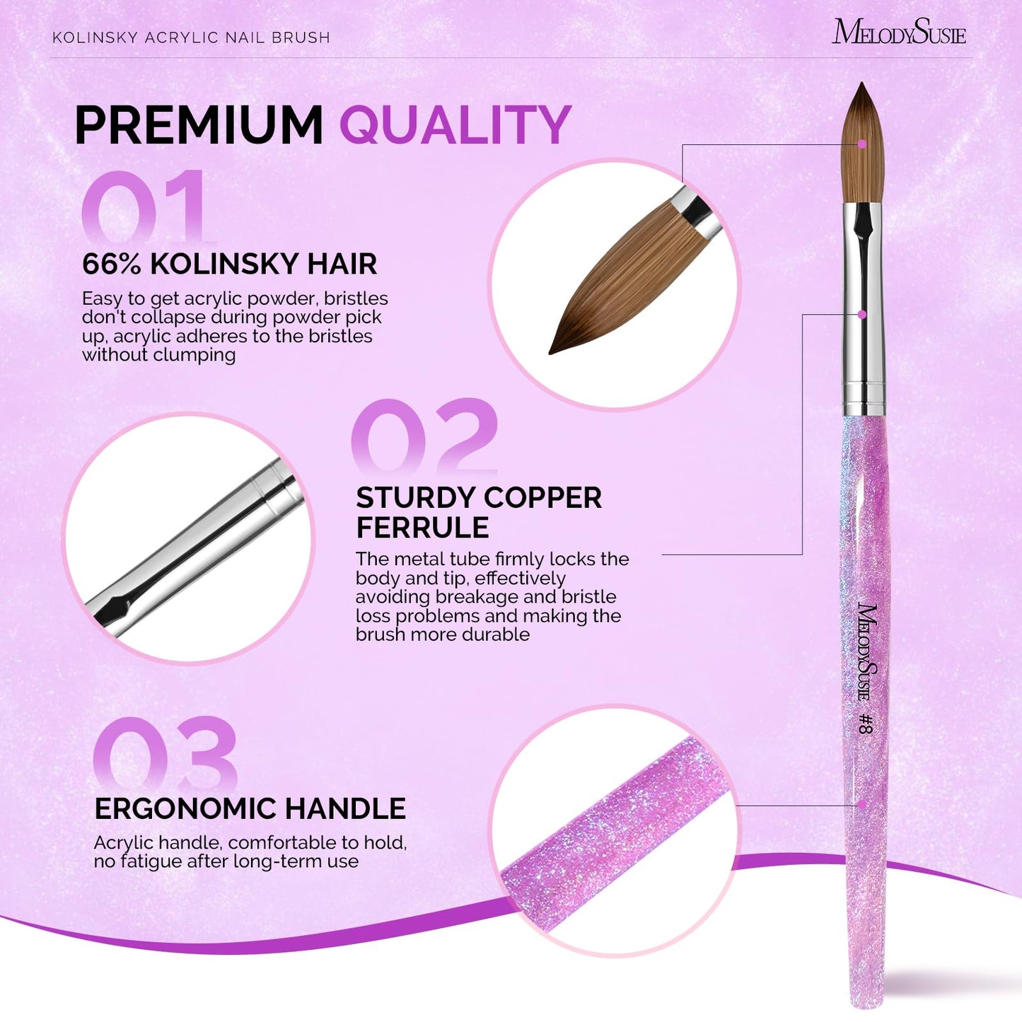 MelodySusie Kolinsky Acrylic Nail Brush,66% Kolinsky Hair Professional Nail Art Brush for Acrylic Application, Aurora Collection Fine Glitter Brush, Purple, Size 8