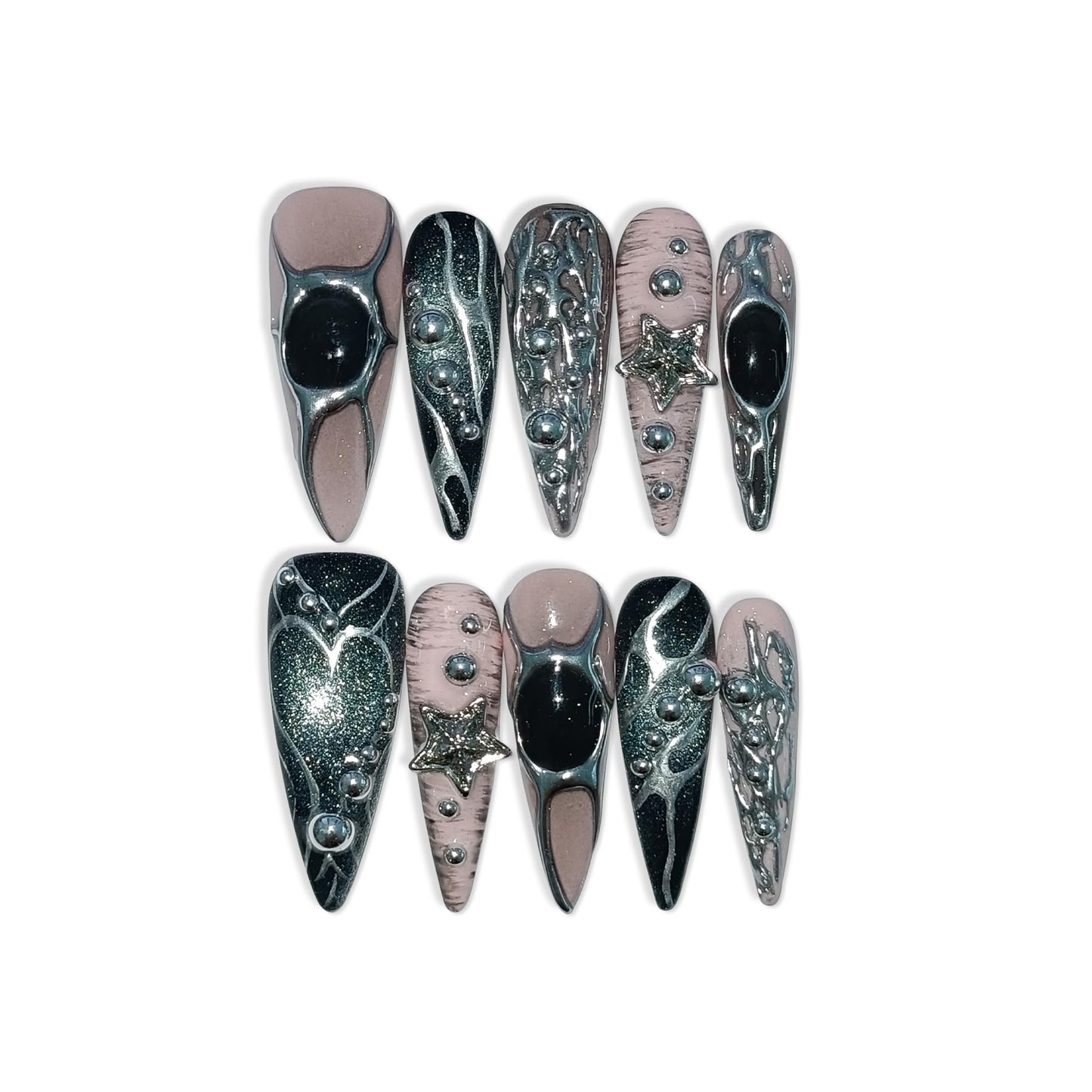 TENPAL Pink Black Press on Nails Long Stiletto,Metal Gothic Fake Nails with Punk Stars Beads,Cat Eye Glitter Edgy Y2K Ins False Nails with Tools,Sweet Grunge Irregular 3D Handmade Nails 10pcs(M)