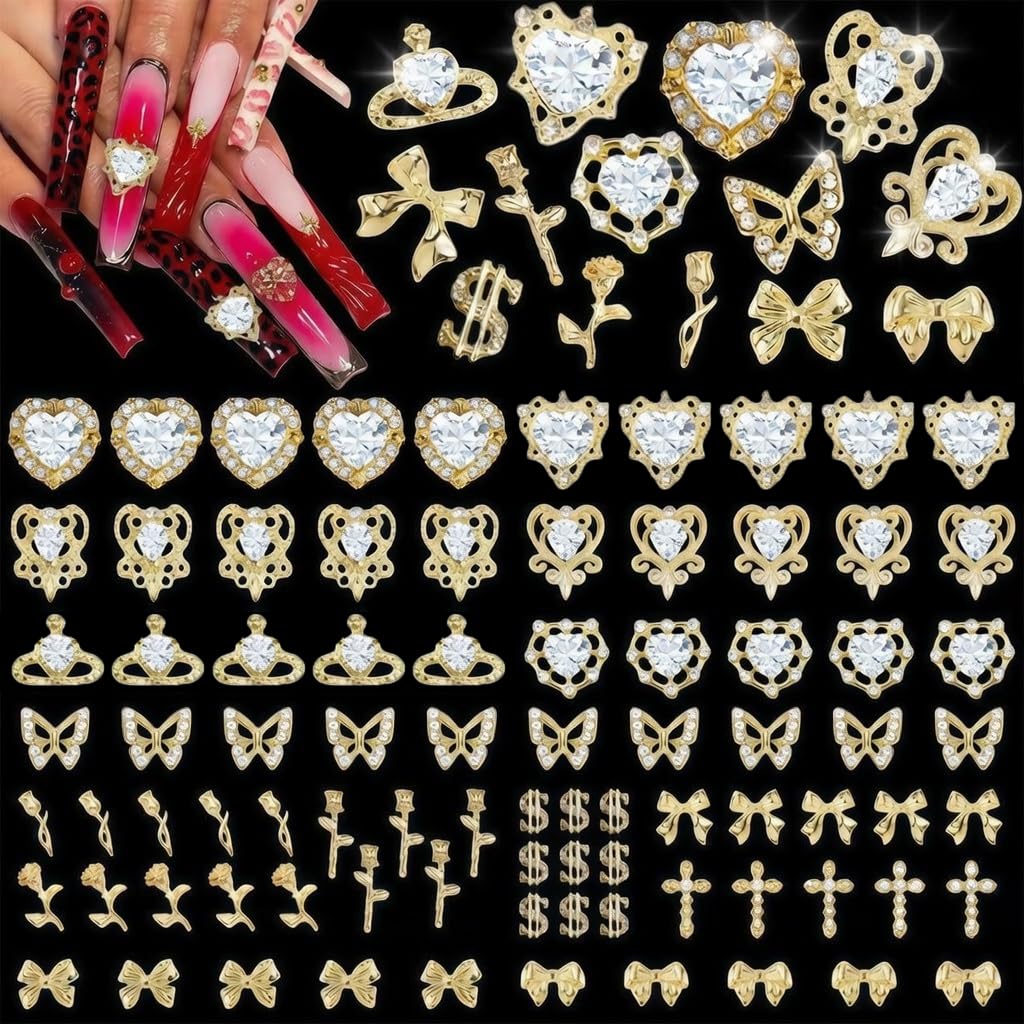 Pizadix 120Pcs Luxury Gold Nail Art Charms, 3D Heart Butterfly Bow Rhinestones Jewelry for Nails, Y2K Kawaii Designer Supplies Accessory