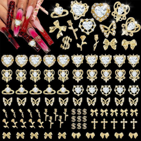 Pizadix 120Pcs Luxury Gold Nail Art Charms, 3D Heart Butterfly Bow Rhinestones Jewelry for Nails, Y2K Kawaii Designer Supplies Accessory