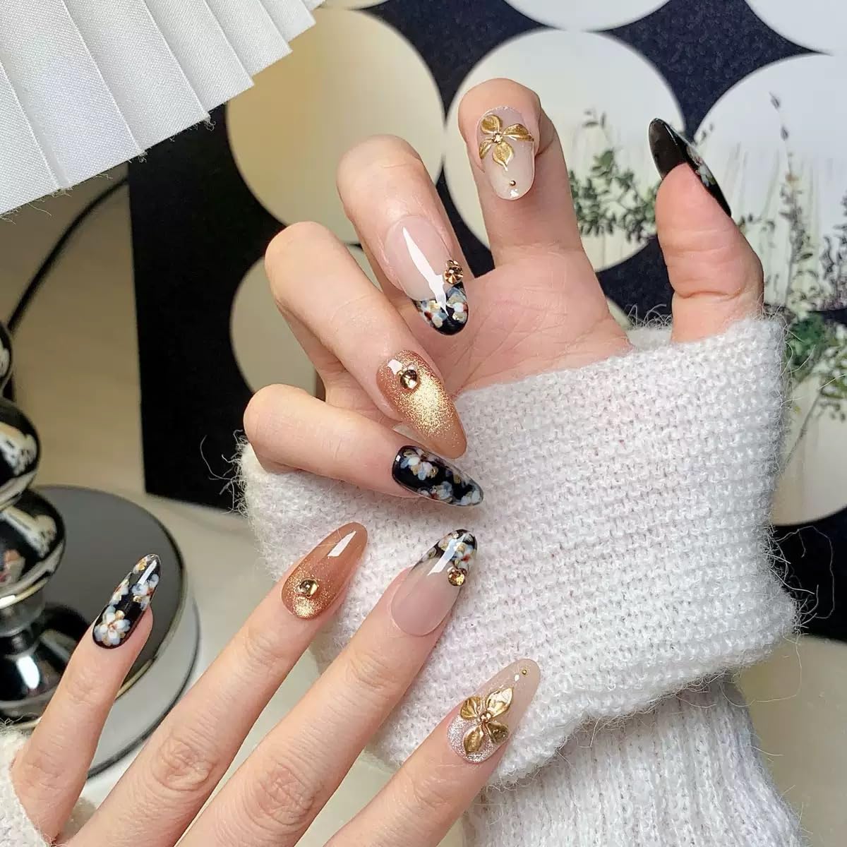 Medium Press on Almond Nails - Handmade Fake Nails with Flower Design - Black, Gold, Glossy False Nails for Women (Size L)